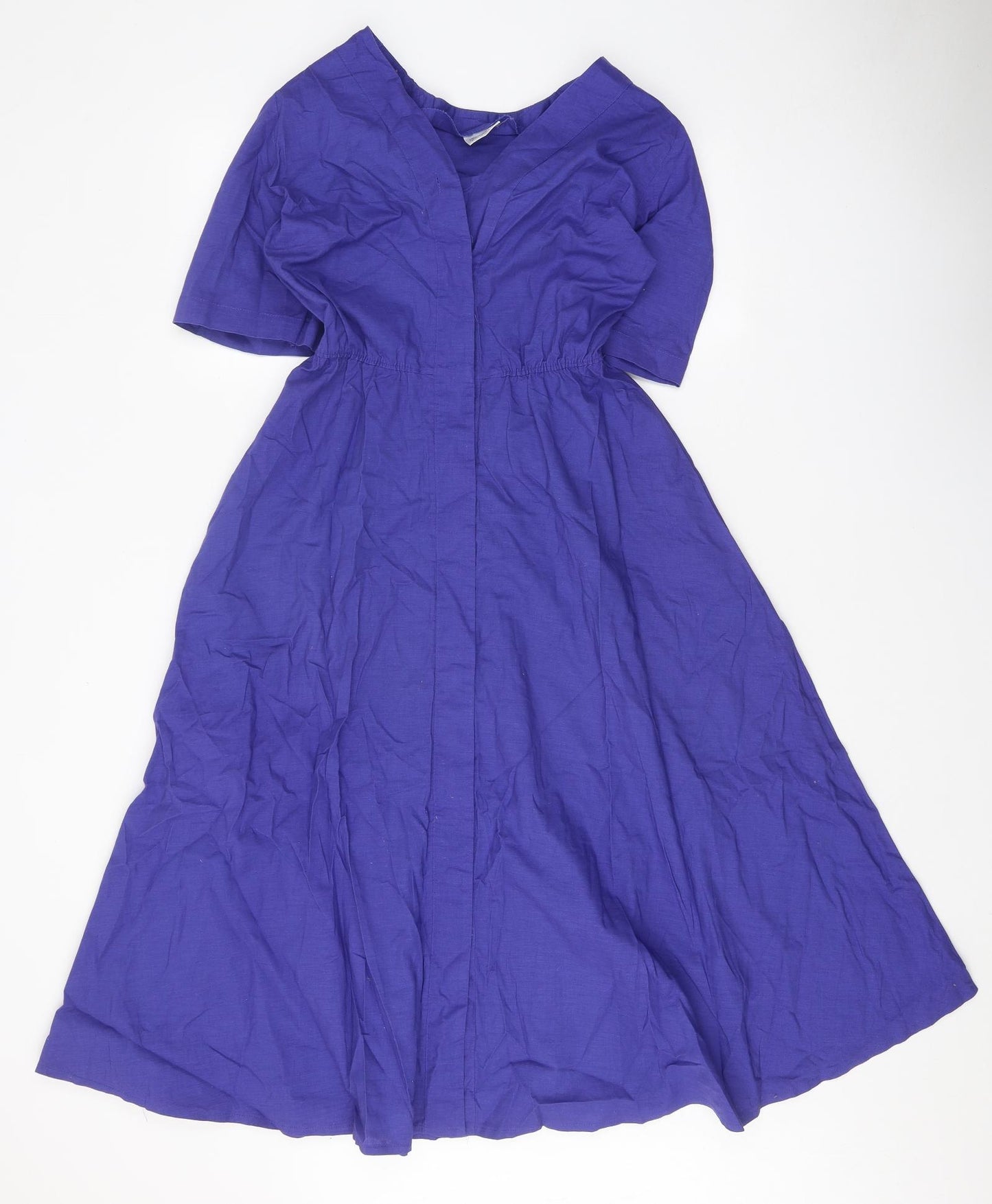 Preworn Womens Blue 100% Cotton A-Line Size 10 V-Neck Button