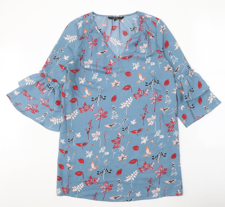 VERO MODA Womens Blue Floral Polyester Basic Blouse Size S V-Neck