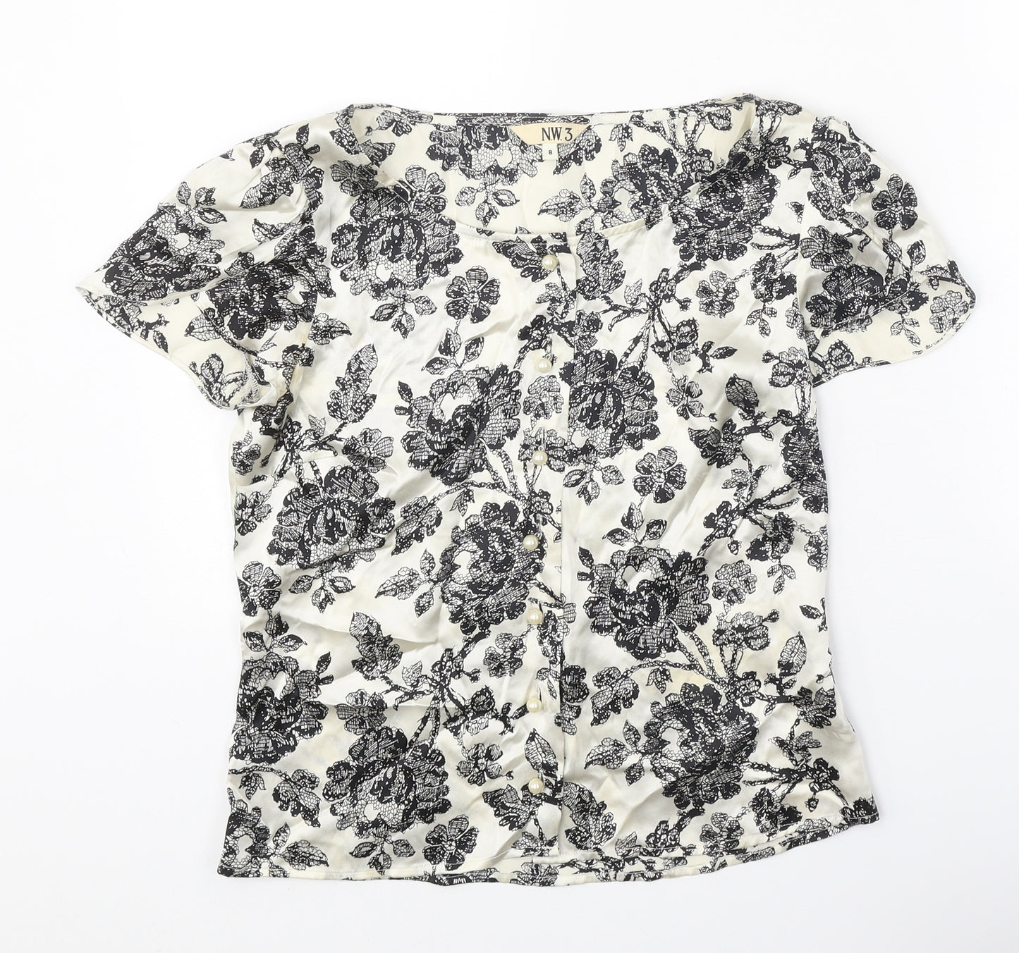 NW3 Womens White Floral Silk Basic Blouse Size 8 Scoop Neck