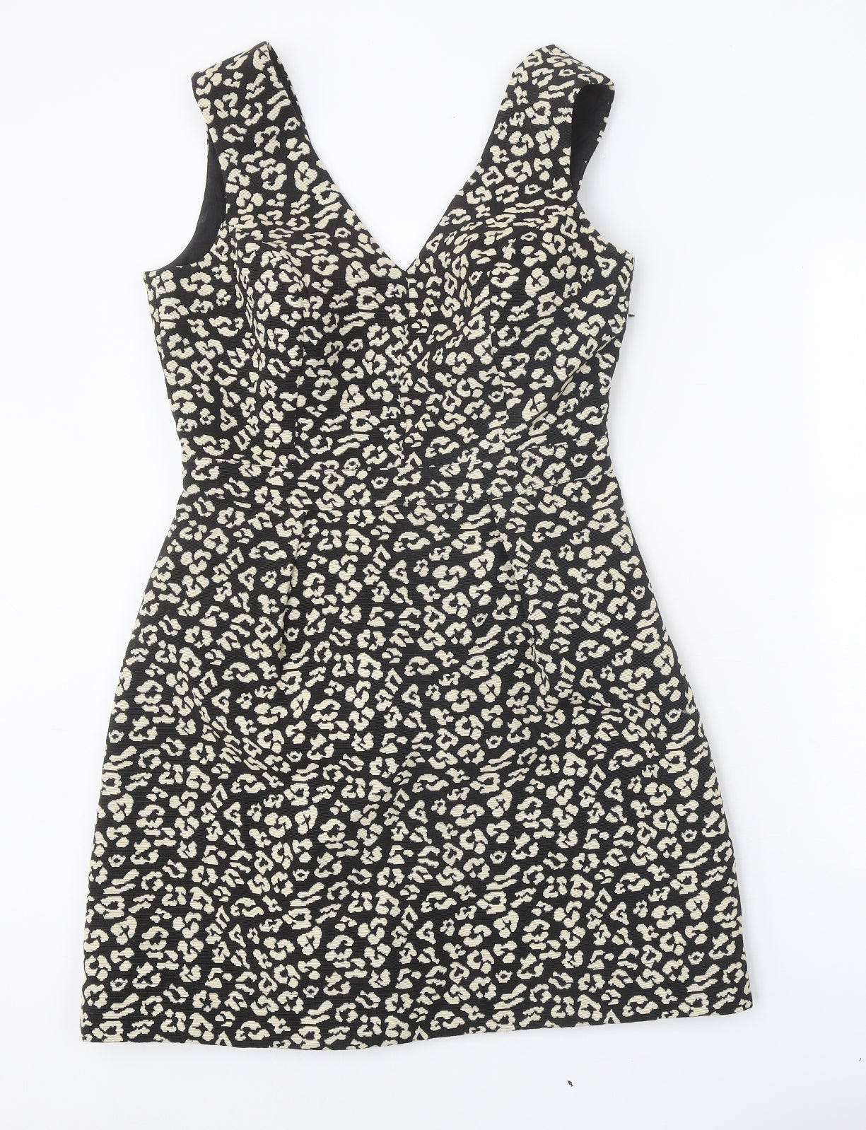 Oliver Bonas Womens Black Animal Print Cotton A-Line Size 10 V-Neck Button - Leopard Pattern