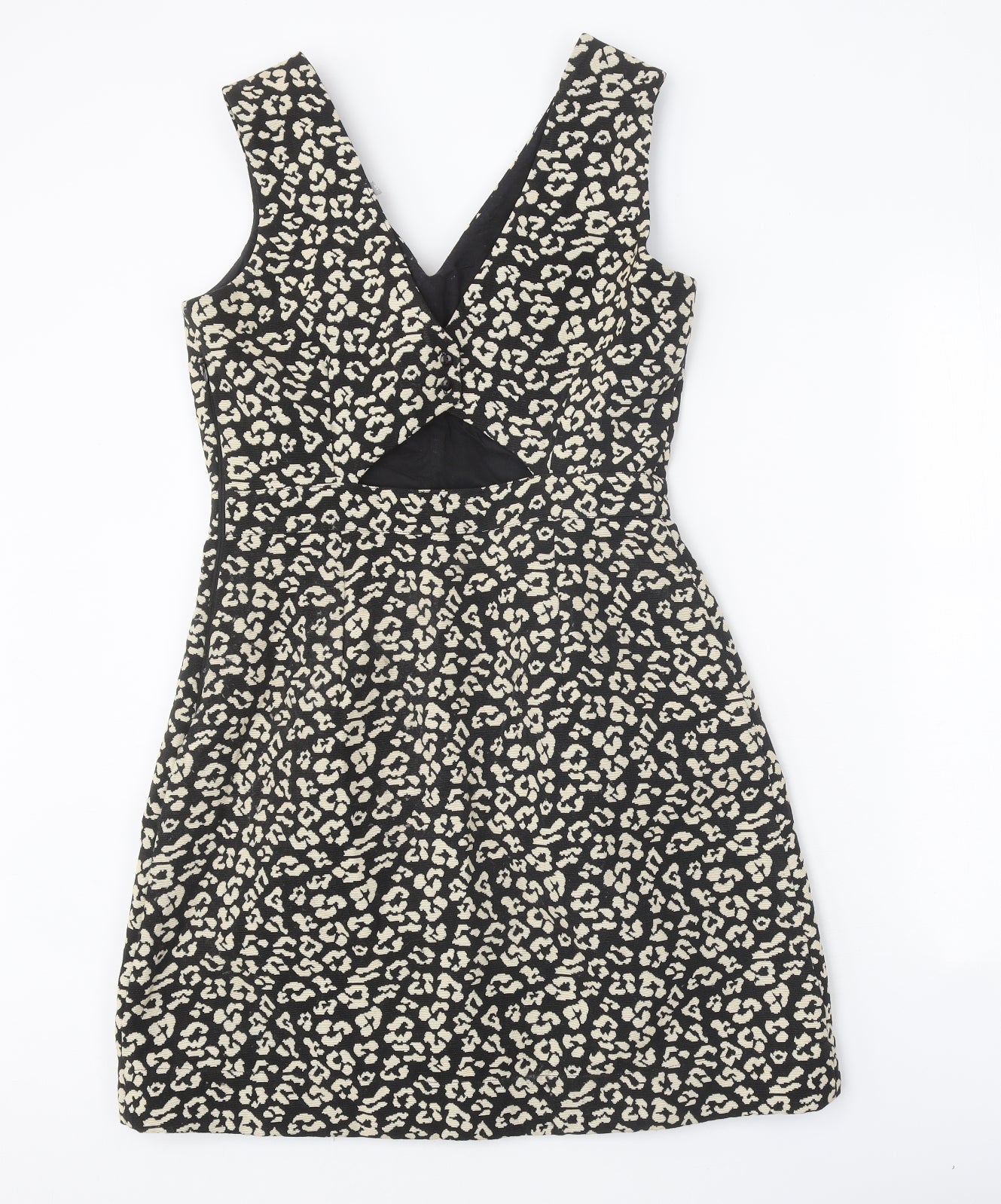 Oliver Bonas Womens Black Animal Print Cotton A-Line Size 10 V-Neck Button - Leopard Pattern