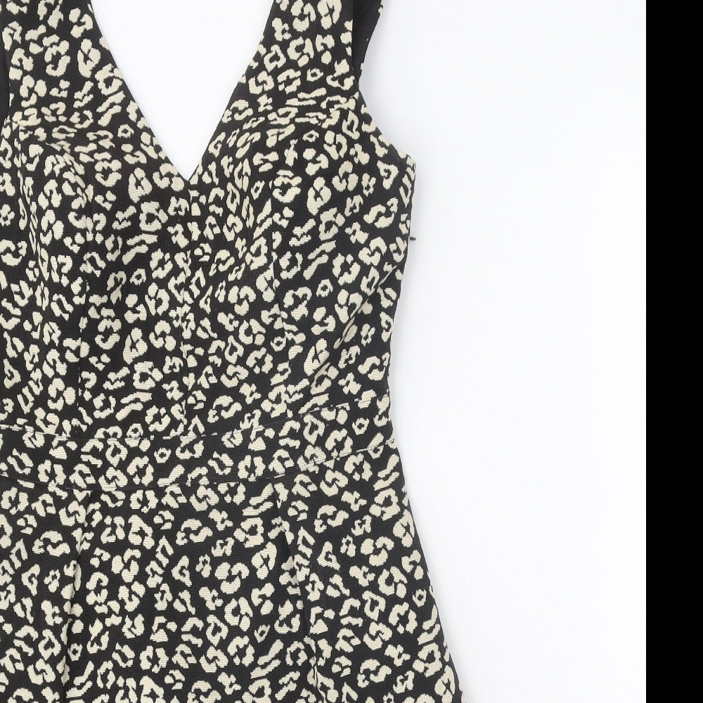Oliver Bonas Womens Black Animal Print Cotton A-Line Size 10 V-Neck Button - Leopard Pattern