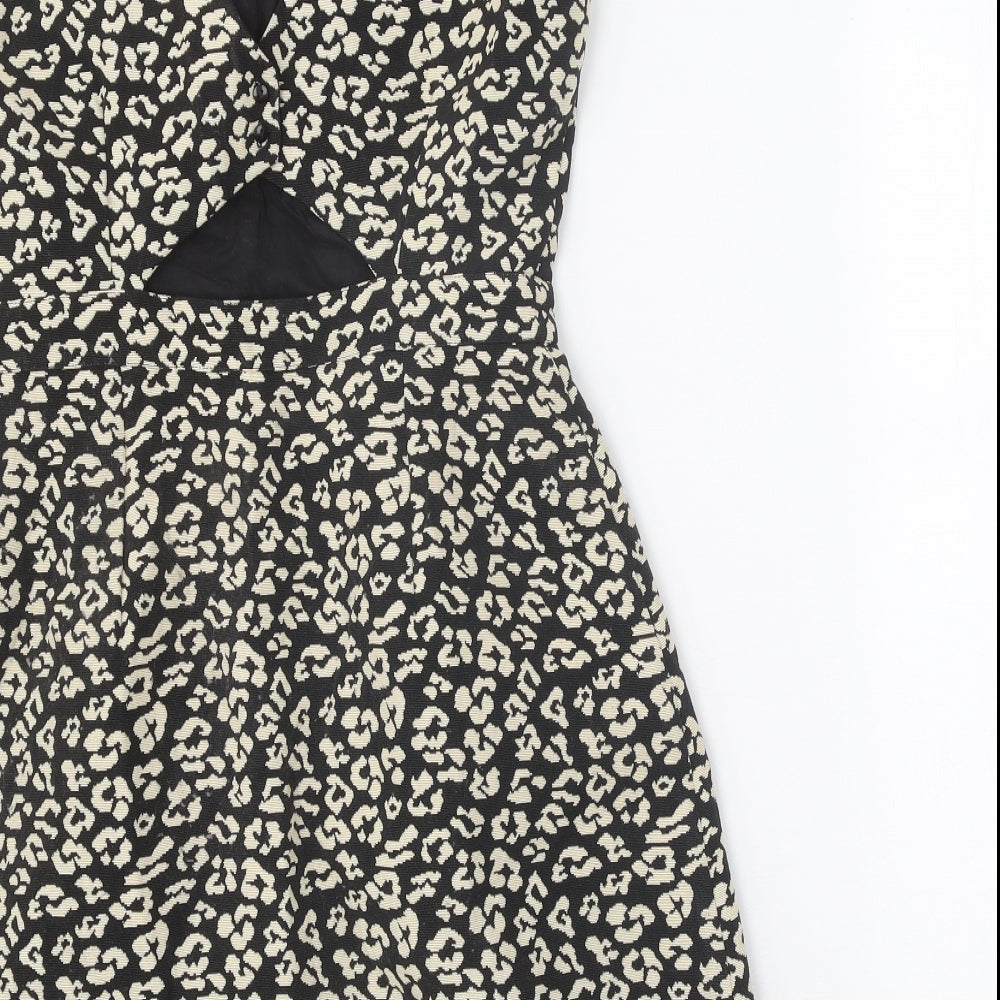 Oliver Bonas Womens Black Animal Print Cotton A-Line Size 10 V-Neck Button - Leopard Pattern