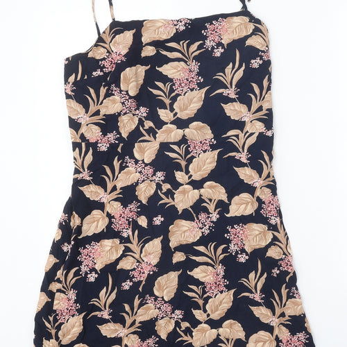 Preworn Womens Black Floral Viscose Mini Size L Square Neck Zip
