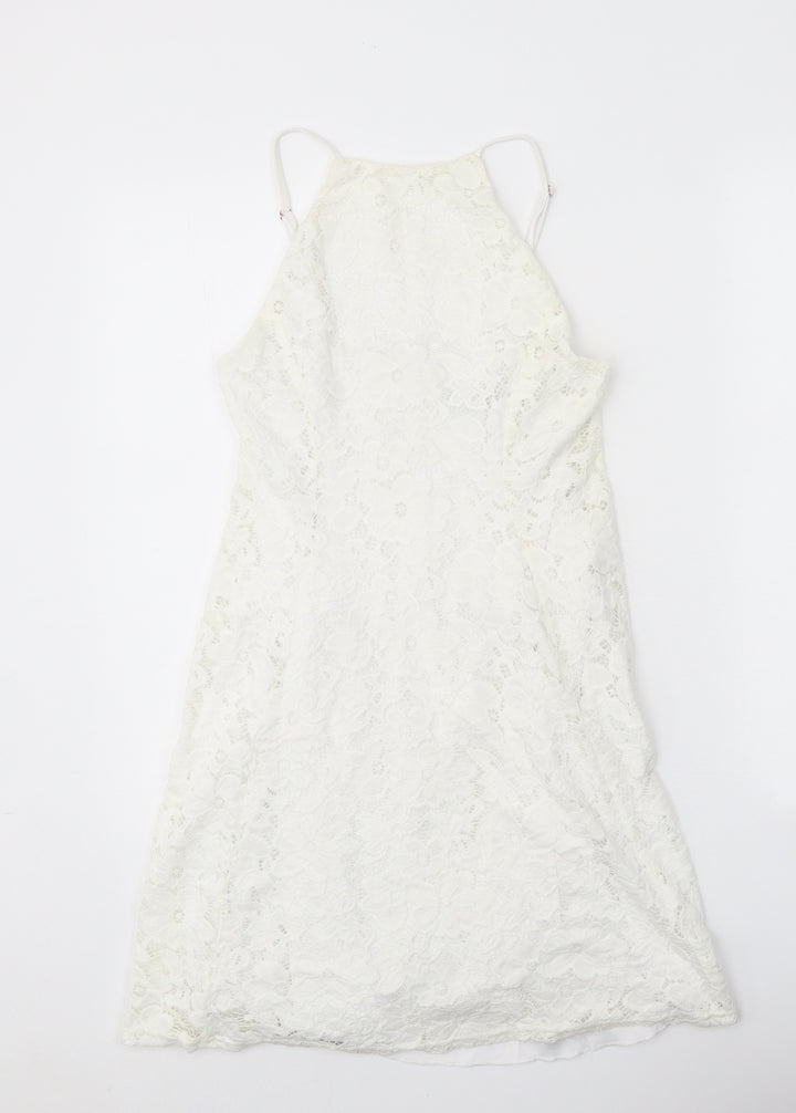 New Look Womens White Floral Nylon A-Line Size 8 Square Neck Zip - Lace Detail