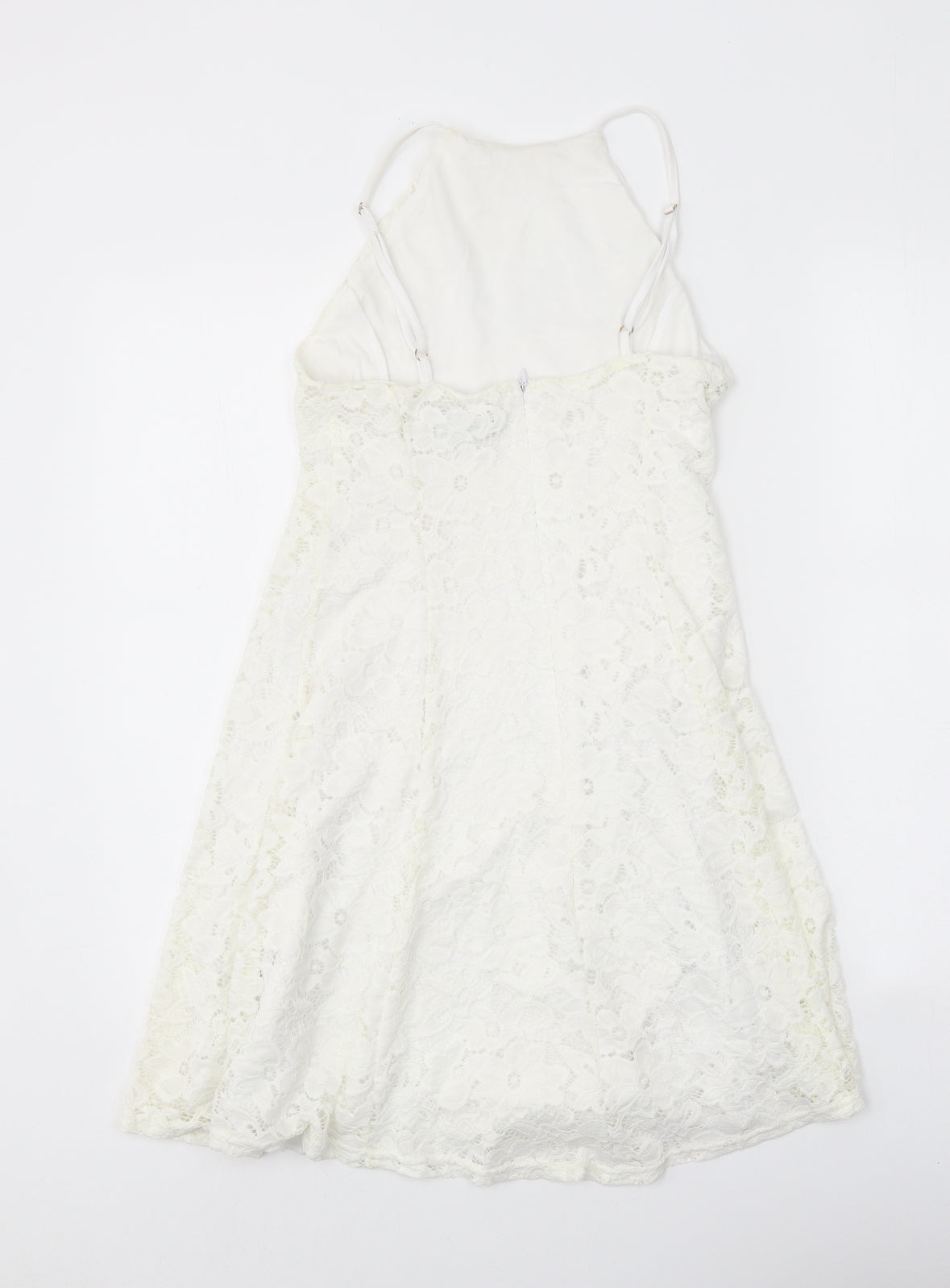 New Look Womens White Floral Nylon A-Line Size 8 Square Neck Zip - Lace Detail
