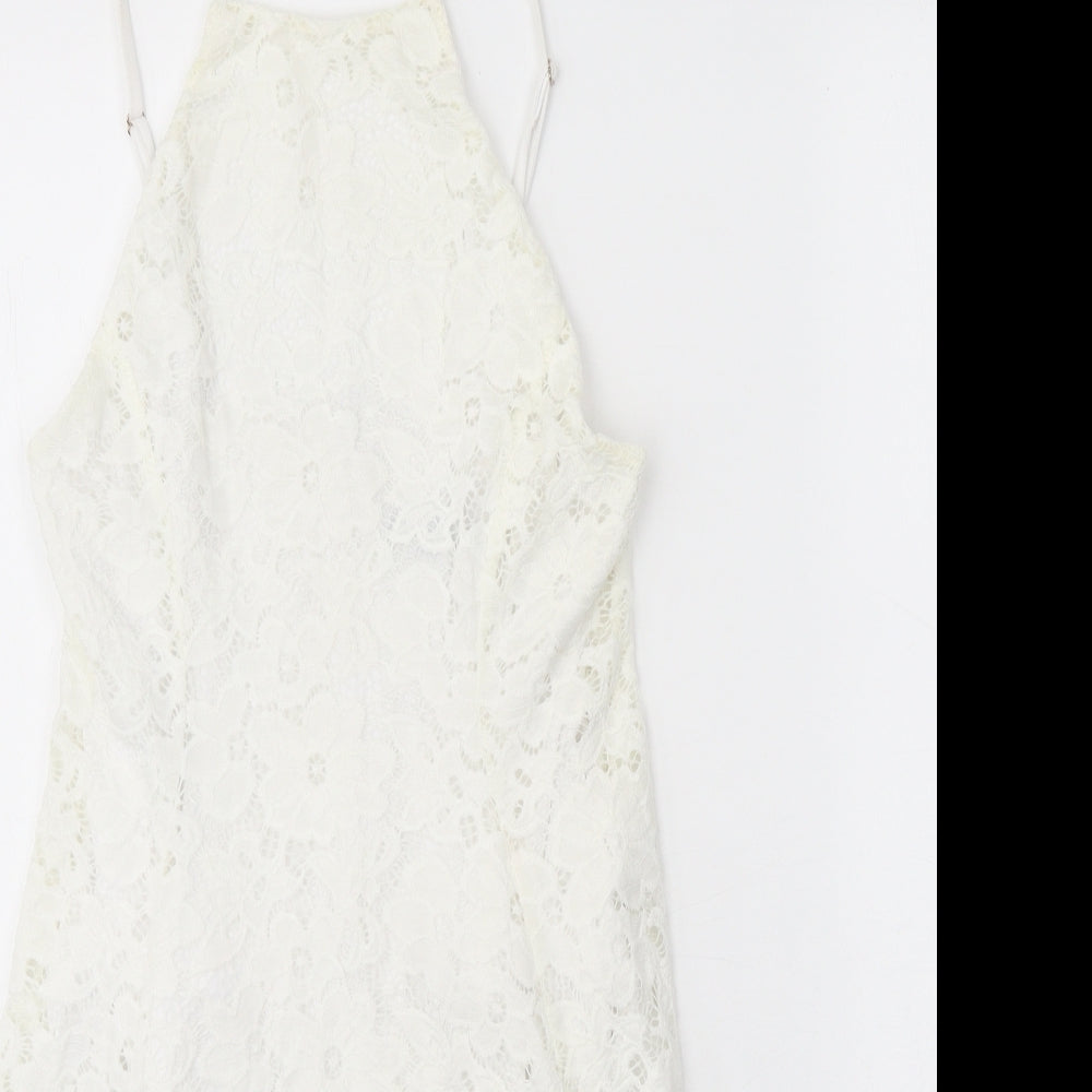 New Look Womens White Floral Nylon A-Line Size 8 Square Neck Zip - Lace Detail