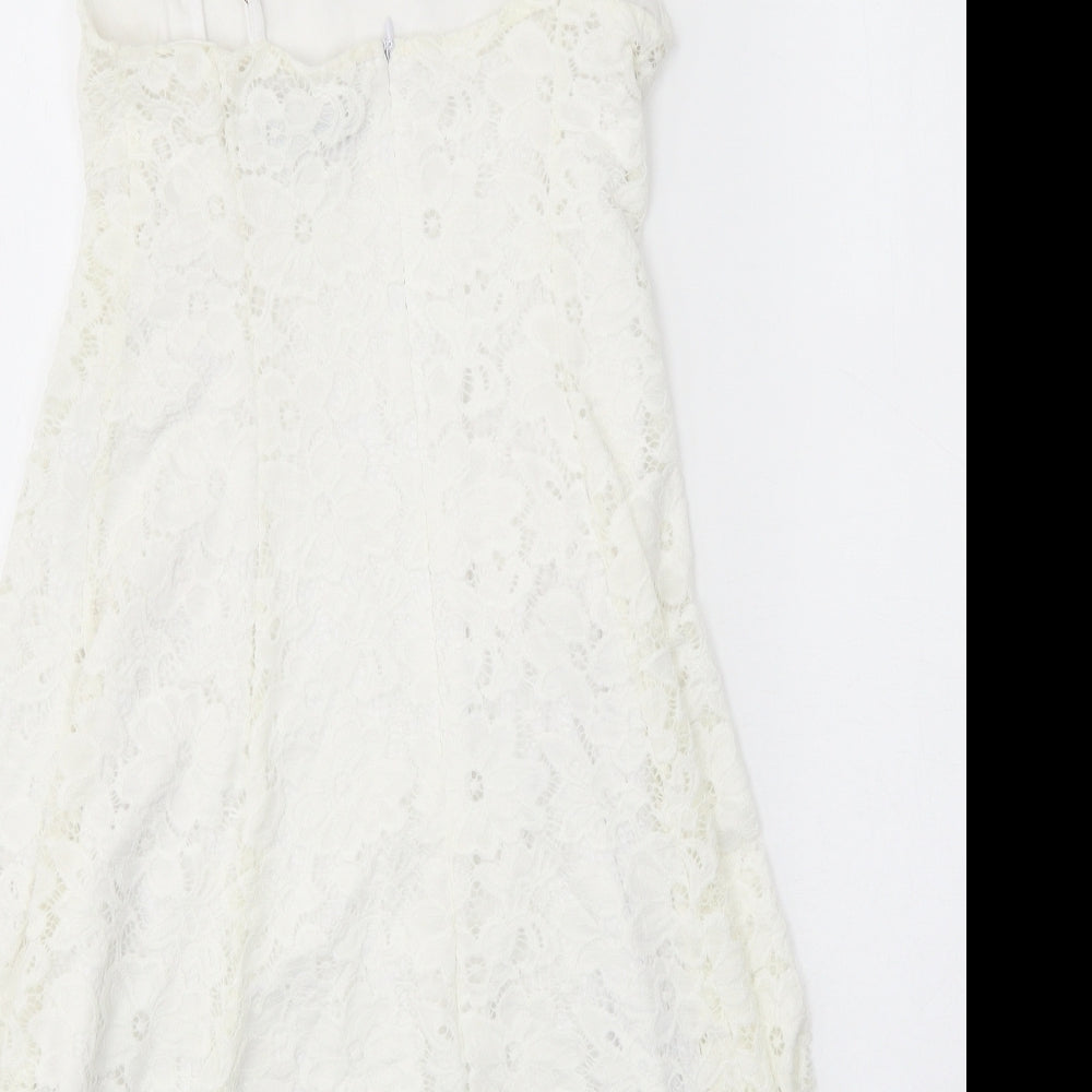 New Look Womens White Floral Nylon A-Line Size 8 Square Neck Zip - Lace Detail