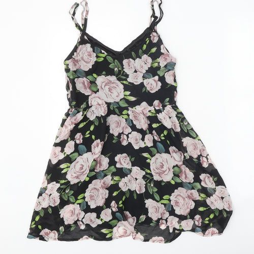 Boohoo Womens Black Floral Polyester A-Line Size 8 V-Neck Pullover