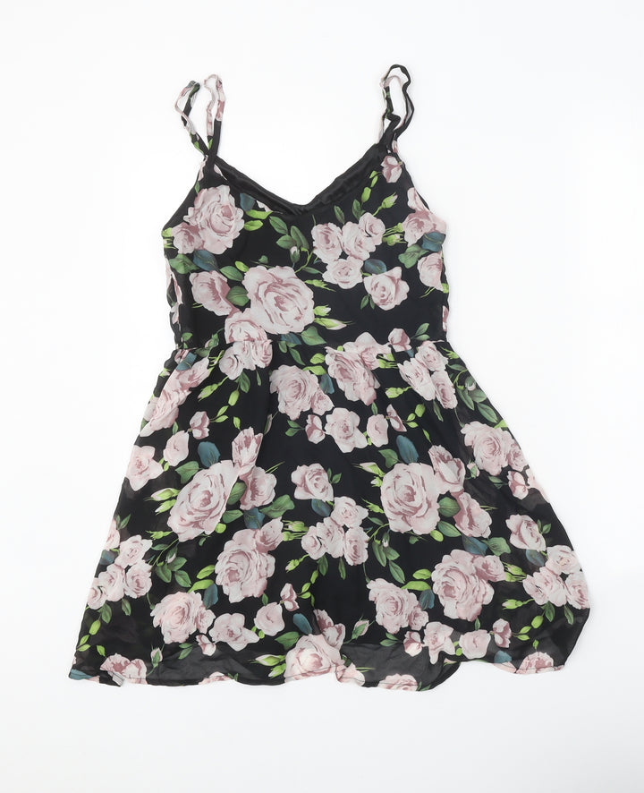Boohoo Womens Black Floral Polyester A-Line Size 8 V-Neck Pullover