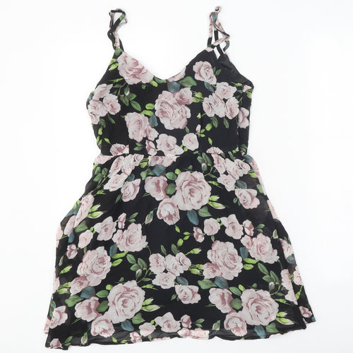 Boohoo Womens Black Floral Polyester A-Line Size 8 V-Neck Pullover