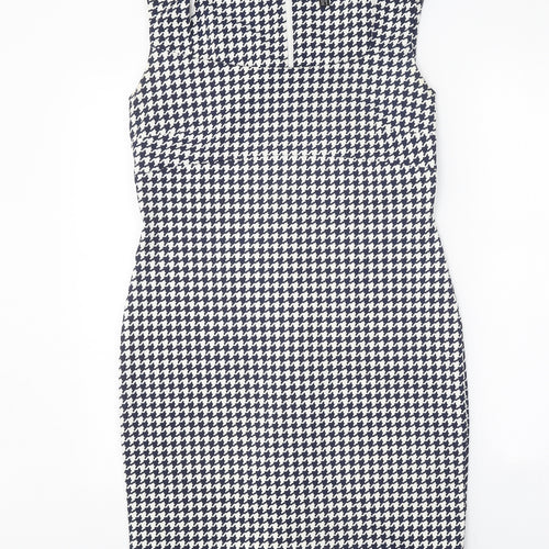 Simon Jeffrey Womens Blue Houndstooth Polyester Bodycon Size 12 Square Neck Zip