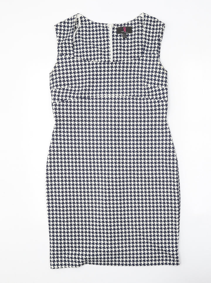 Simon Jeffrey Womens Blue Houndstooth Polyester Bodycon Size 12 Square Neck Zip