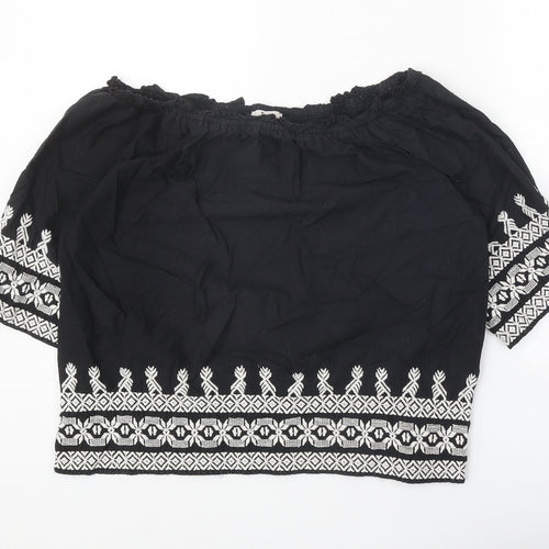 TU Womens Black Geometric 100% Cotton Cropped Blouse Size 12 Off the Shoulder - Bardot