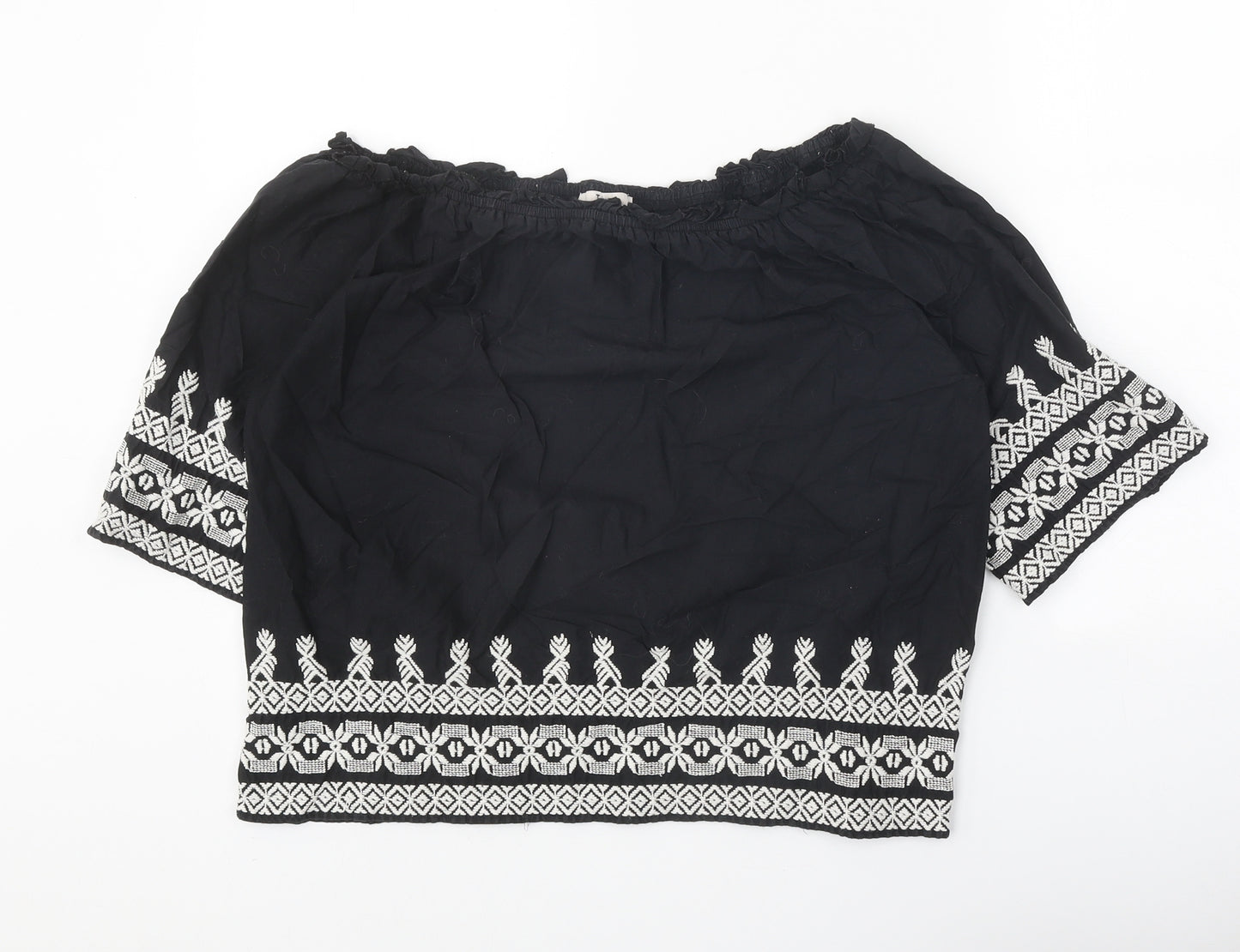 TU Womens Black Geometric 100% Cotton Cropped Blouse Size 12 Off the Shoulder - Bardot