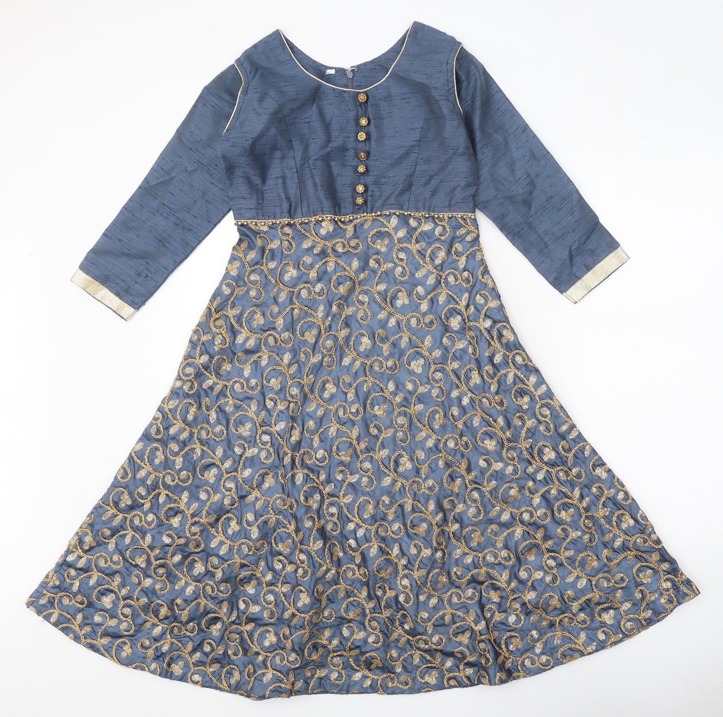 Preworn Womens Blue Geometric Polyester A-Line Size 2 Round Neck Zip