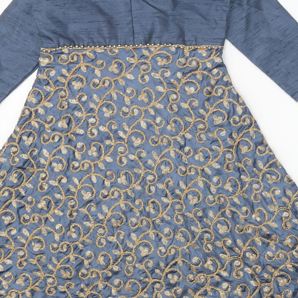 Preworn Womens Blue Geometric Polyester A-Line Size 2 Round Neck Zip