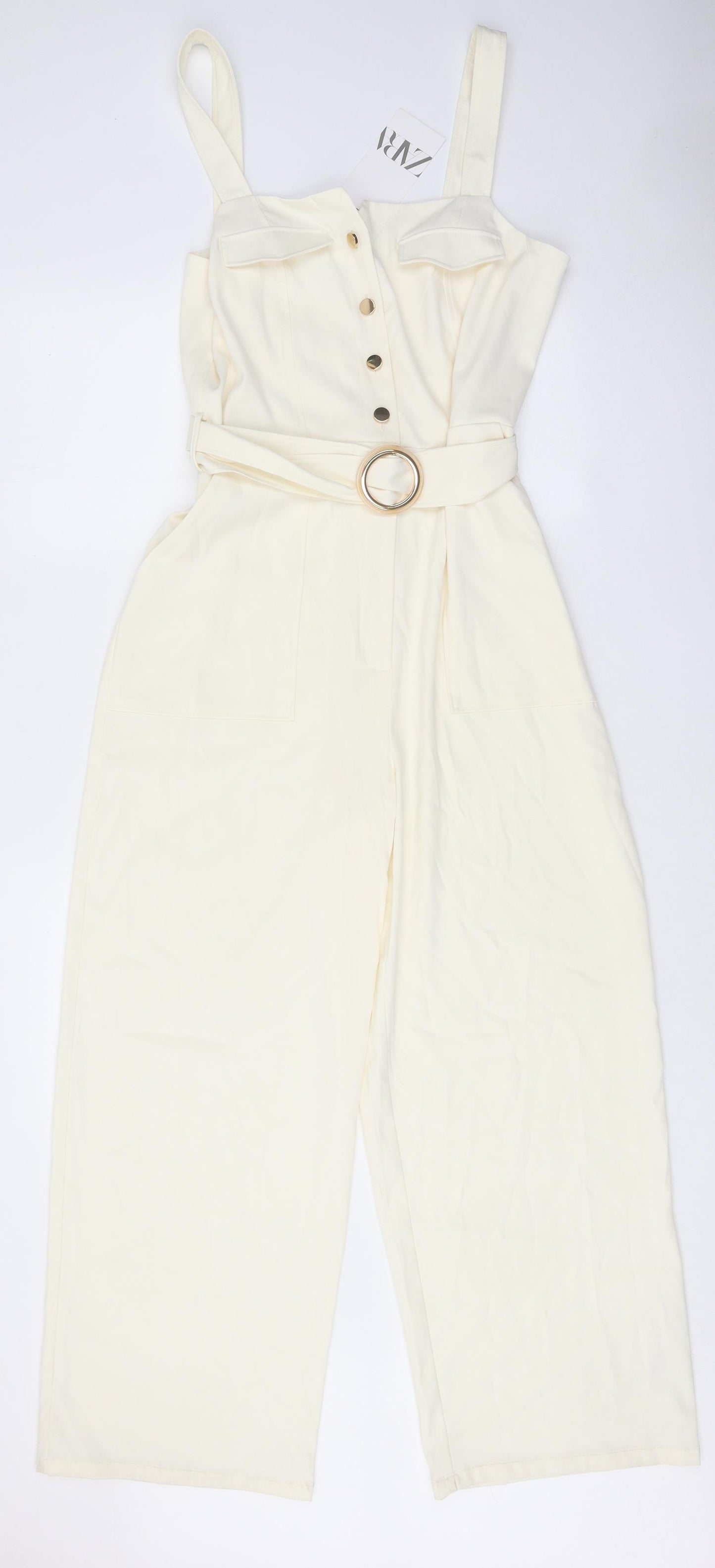 Zara Womens White Polyester Jumpsuit One-Piece Size M Button