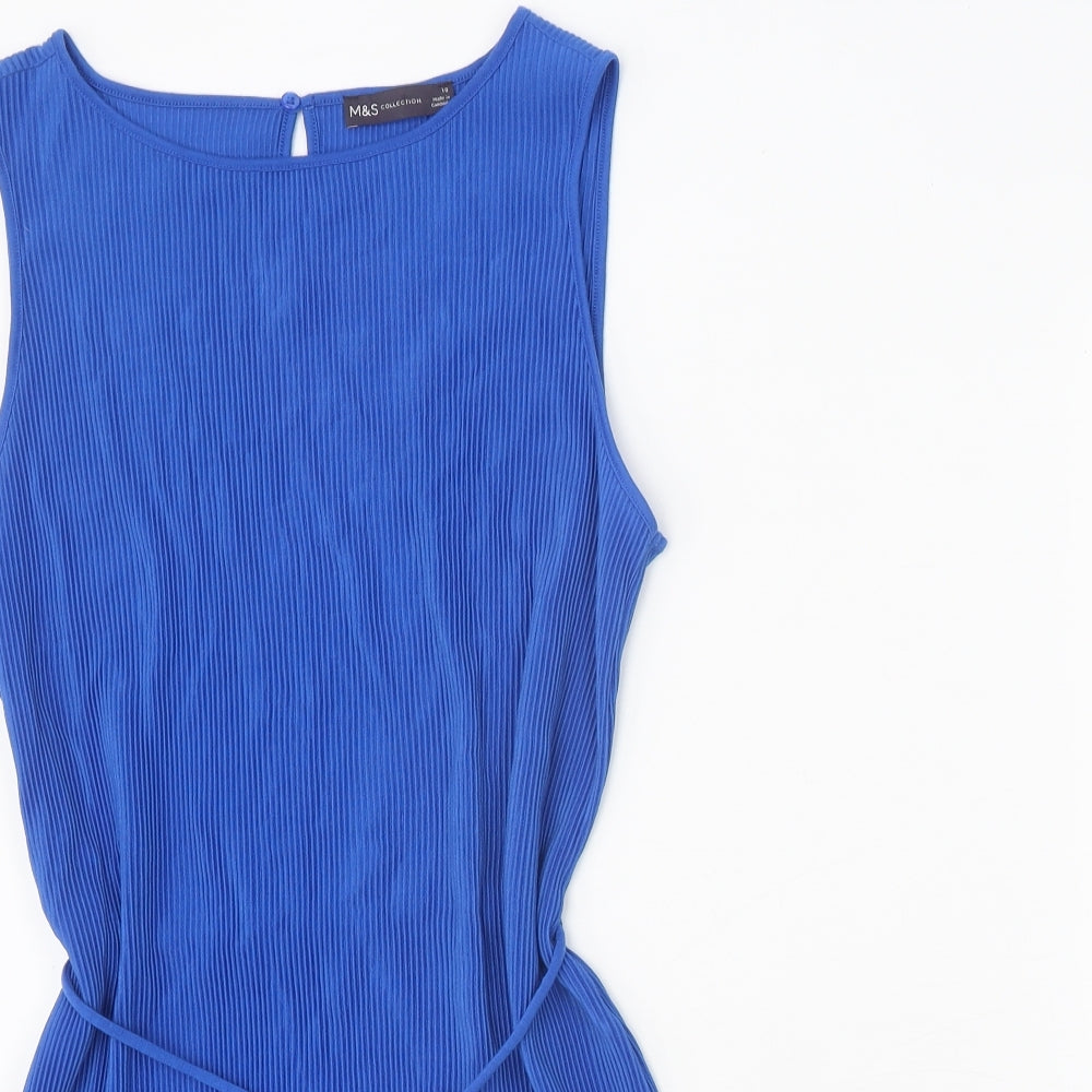 Marks and Spencer Womens Blue Polyester A-Line Size 10 Round Neck Button