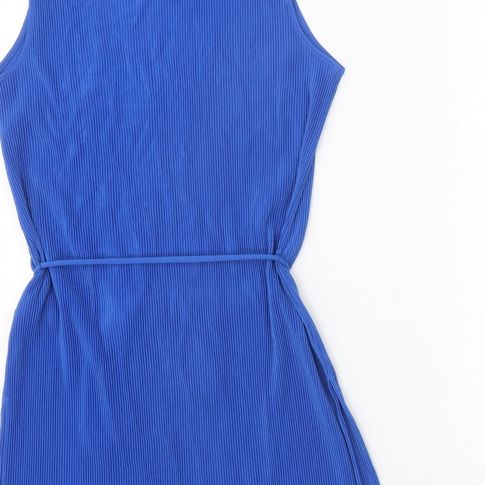 Marks and Spencer Womens Blue Polyester A-Line Size 10 Round Neck Button