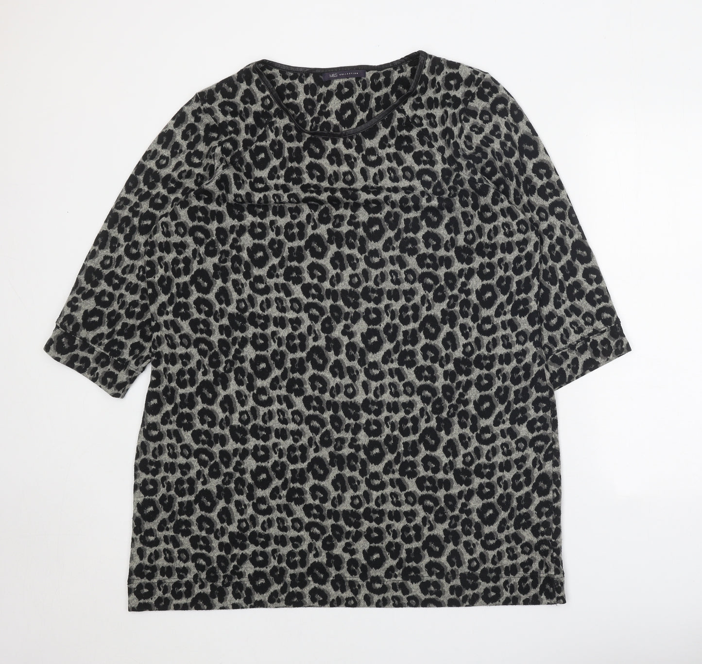 Marks and Spencer Womens Black Animal Print Viscose Basic T-Shirt Size 20 Round Neck - Leopard Pattern