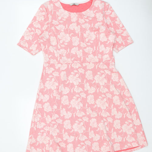 TU Womens Pink Floral Cotton Skater Dress Size 14 Scoop Neck Pullover