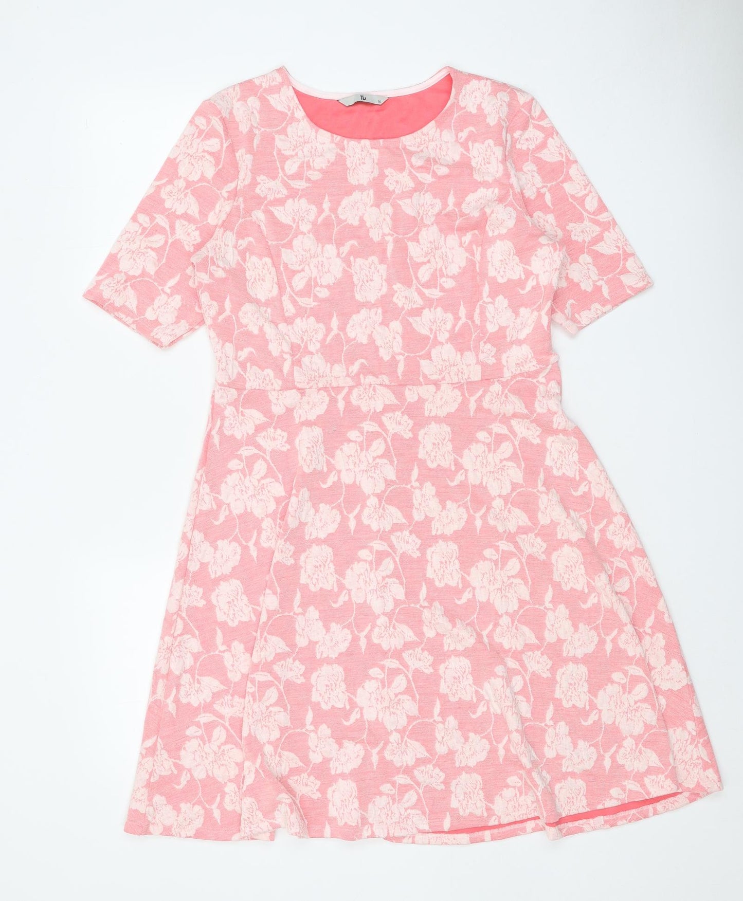 TU Womens Pink Floral Cotton Skater Dress Size 14 Scoop Neck Pullover