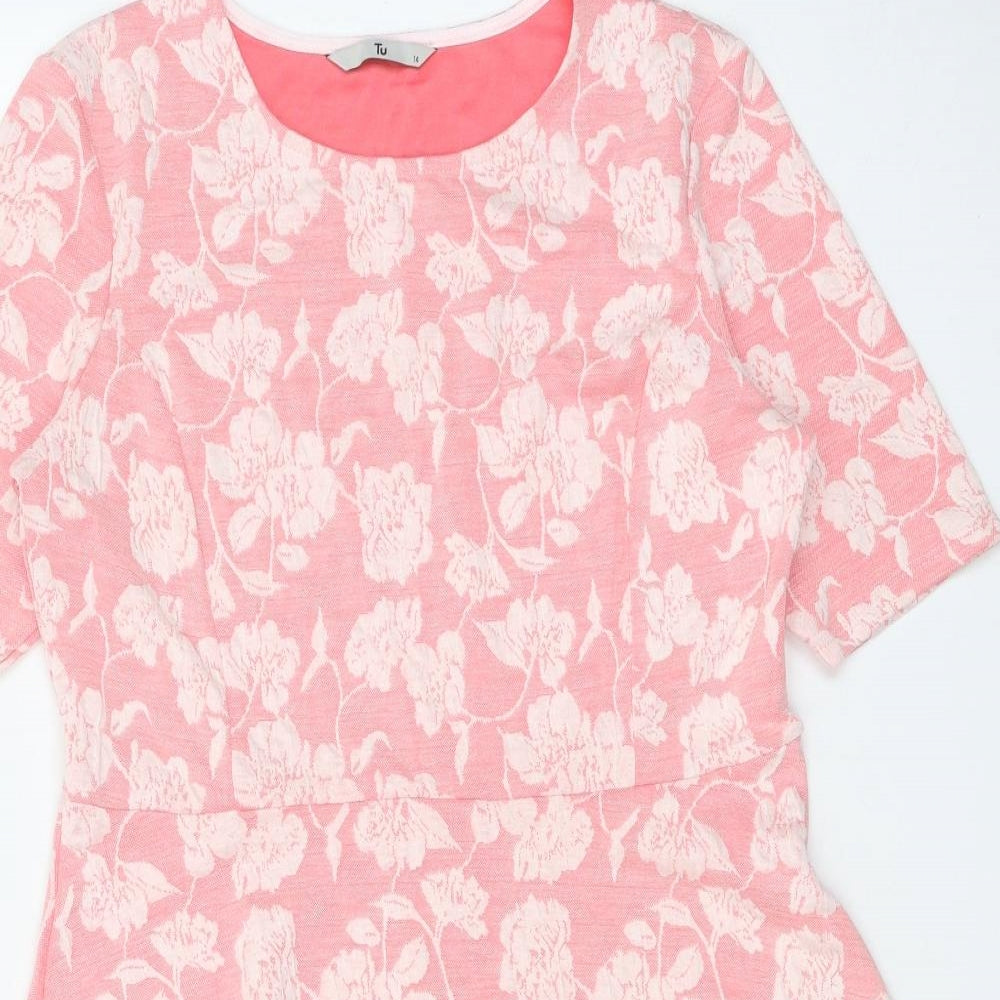 TU Womens Pink Floral Cotton Skater Dress Size 14 Scoop Neck Pullover