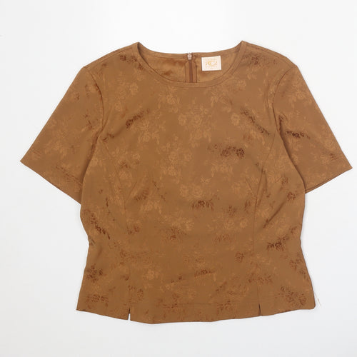 Country Casuals Womens Brown Floral Polyester Basic T-Shirt Size 12 Round Neck