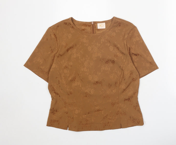 Country Casuals Womens Brown Floral Polyester Basic T-Shirt Size 12 Round Neck