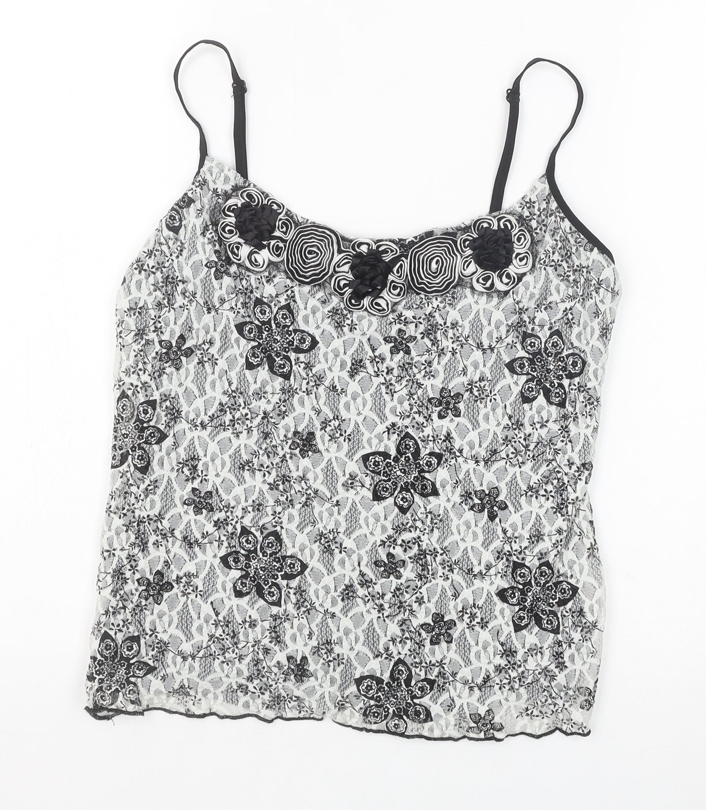 Marks and Spencer Womens White Geometric Polyamide Basic Tank Size 14 Round Neck - Flower Detail