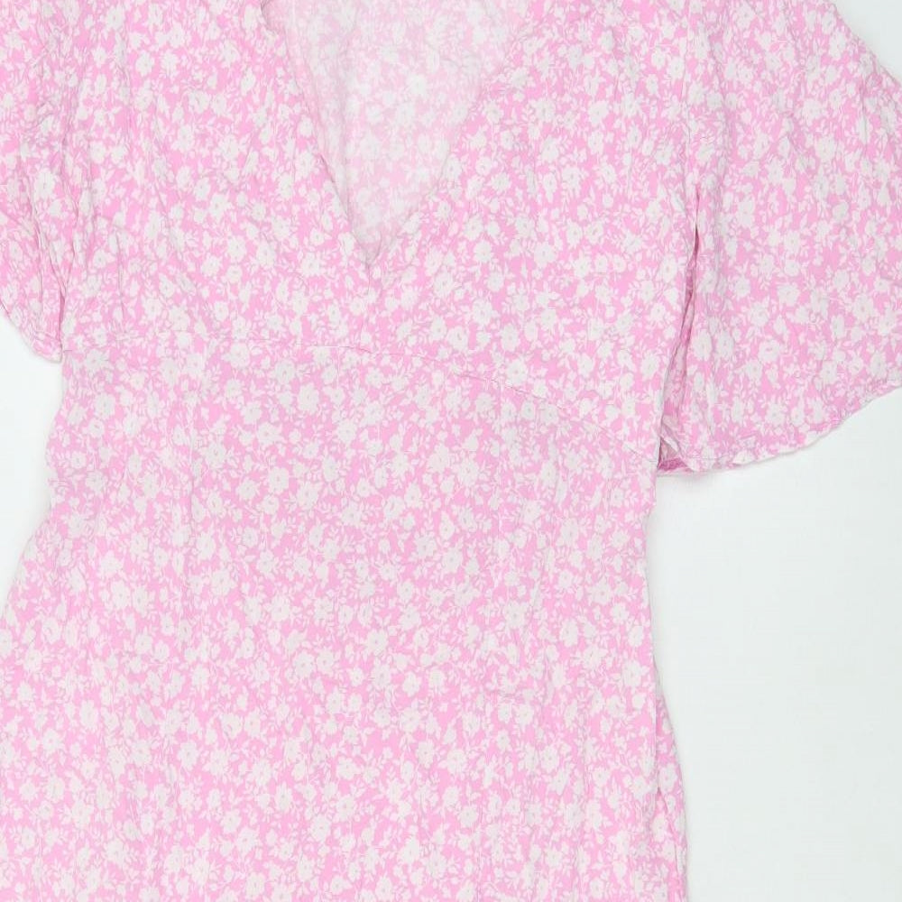 New Look Womens Pink Floral Viscose Trapeze & Swing Size 16 V-Neck Pullover