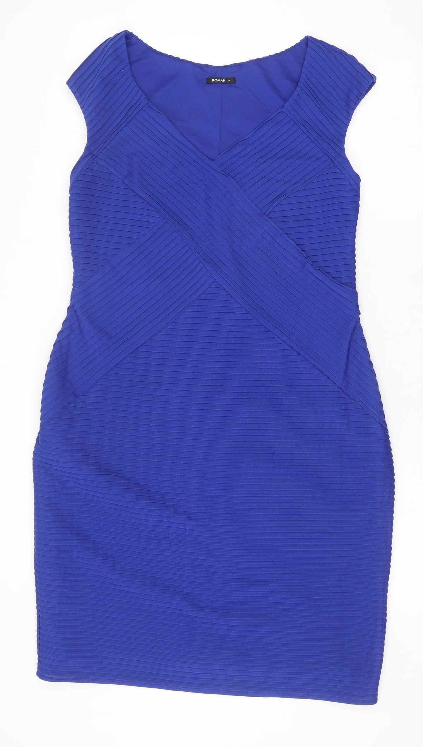 Roman Womens Blue Polyester Bodycon Size 14 V-Neck Pullover
