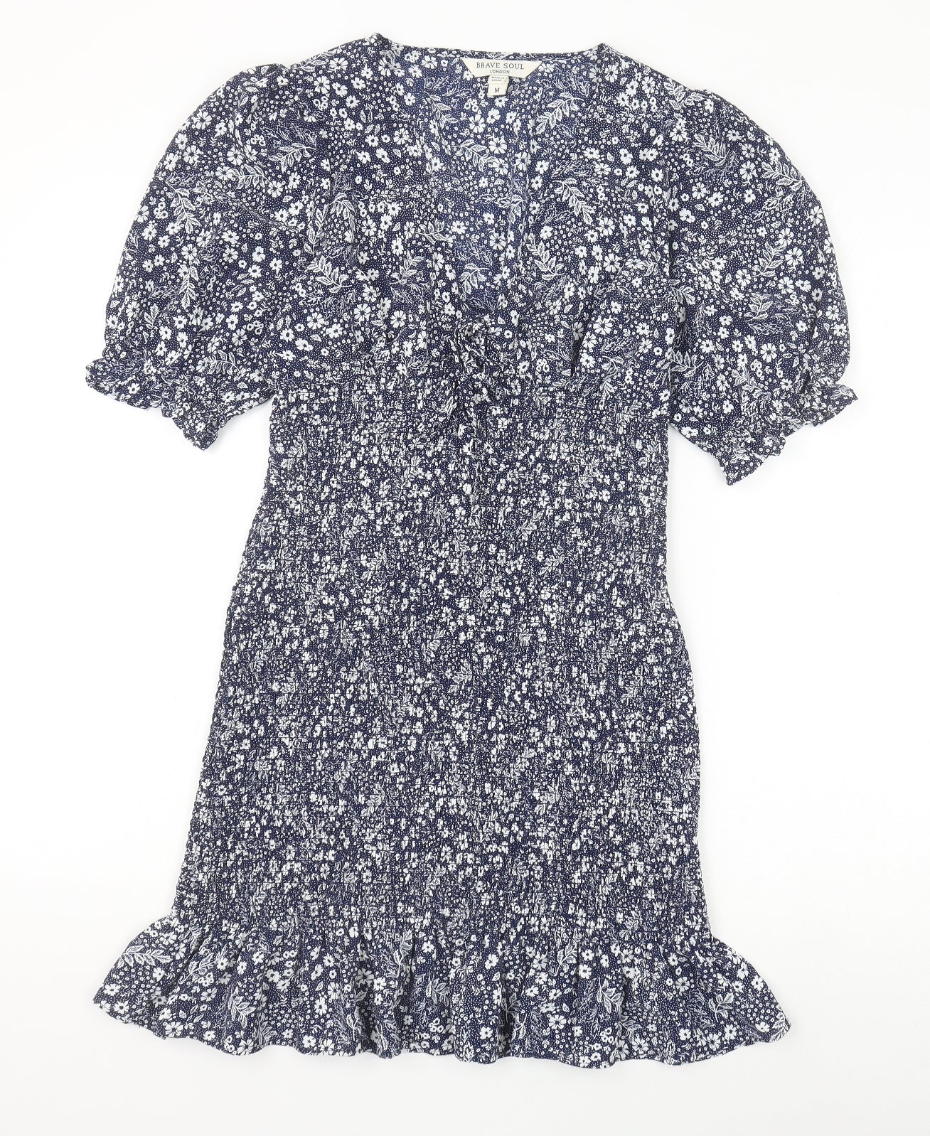 Brave Soul Womens Blue Floral Polyester A-Line Size M V-Neck Pullover