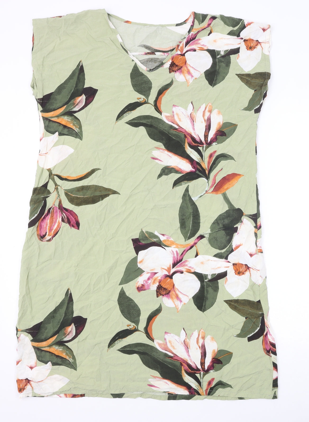 Preworn Womens Green Floral Viscose A-Line Size L V-Neck Pullover