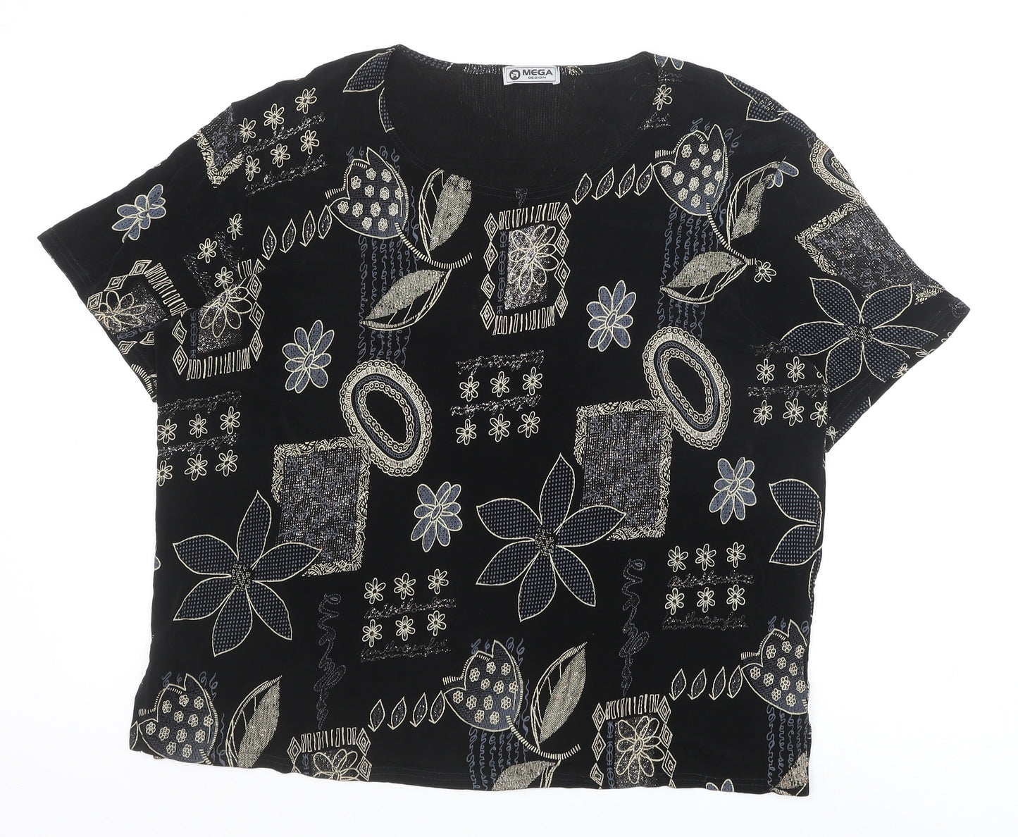 Mega Design Womens Black Geometric Polyester Basic T-Shirt Size 24 Round Neck