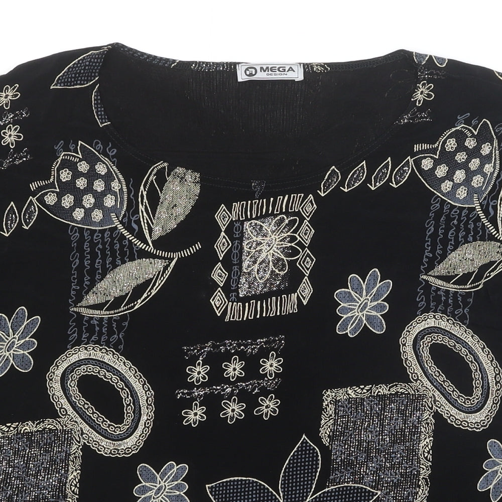 Mega Design Womens Black Geometric Polyester Basic T-Shirt Size 24 Round Neck