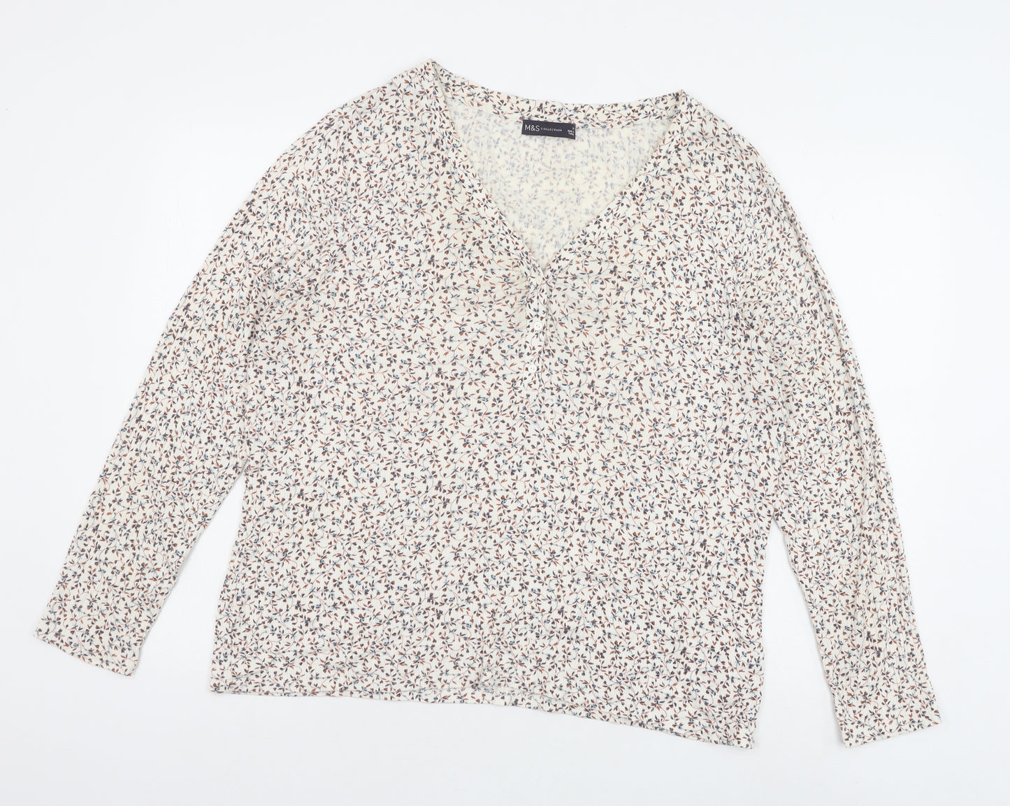 Marks and Spencer Womens Ivory Floral Viscose Basic T-Shirt Size 20 V-Neck