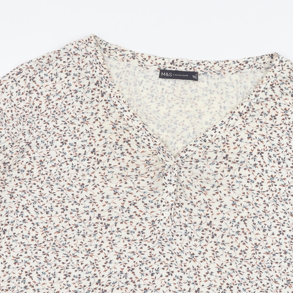 Marks and Spencer Womens Ivory Floral Viscose Basic T-Shirt Size 20 V-Neck