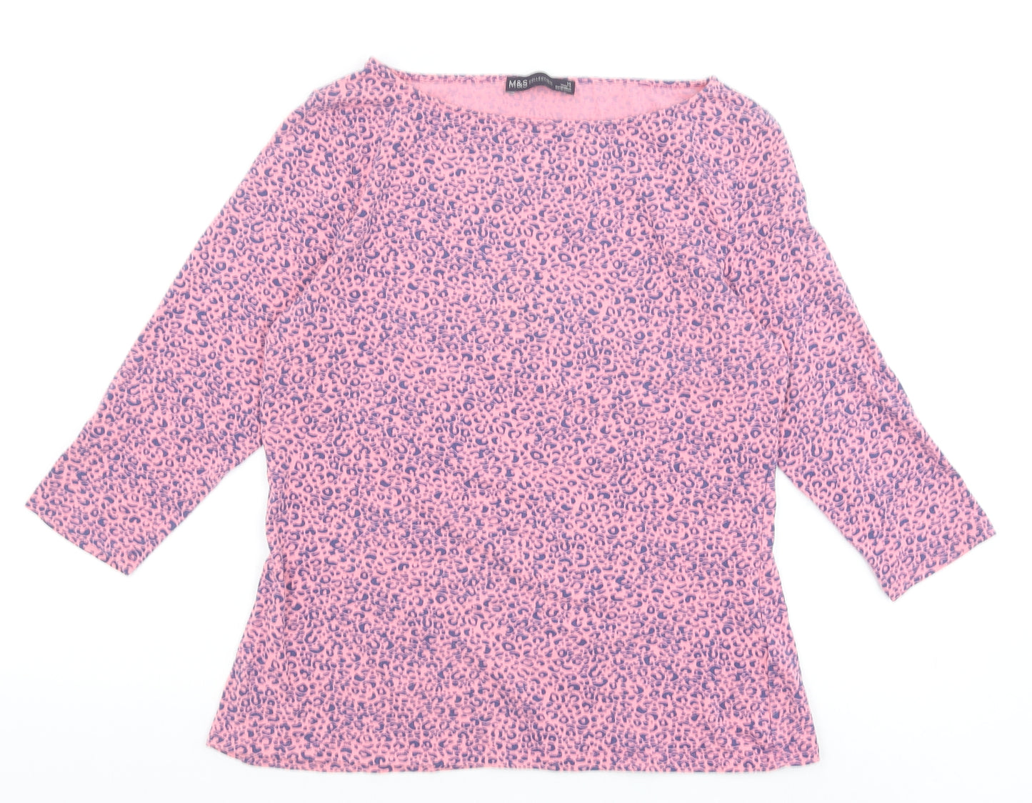 Marks and Spencer Womens Pink Animal Print Cotton Basic T-Shirt Size 14 Boat Neck - Leopard Pattern