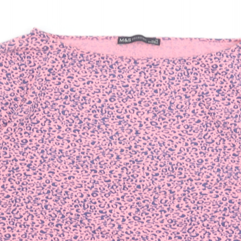 Marks and Spencer Womens Pink Animal Print Cotton Basic T-Shirt Size 14 Boat Neck - Leopard Pattern