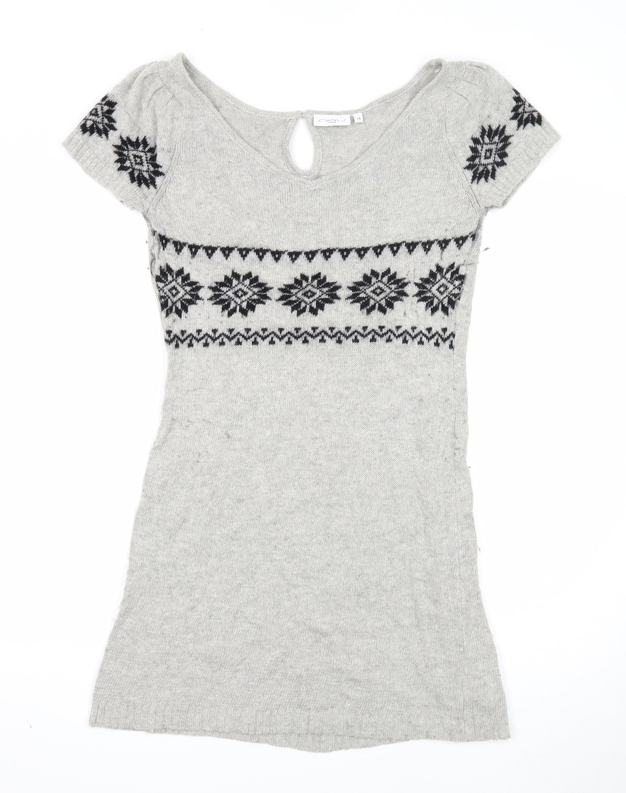 New Look Womens Grey Fair Isle Acrylic Jumper Dress Size 14 Scoop Neck Button