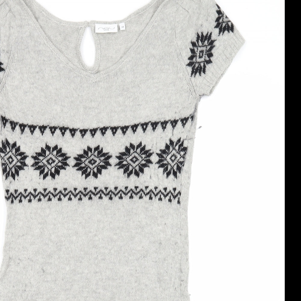 New Look Womens Grey Fair Isle Acrylic Jumper Dress Size 14 Scoop Neck Button