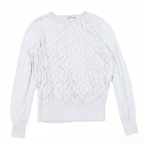 Oasis Womens Grey Round Neck Cotton Pullover Jumper Size S - Lace Detail