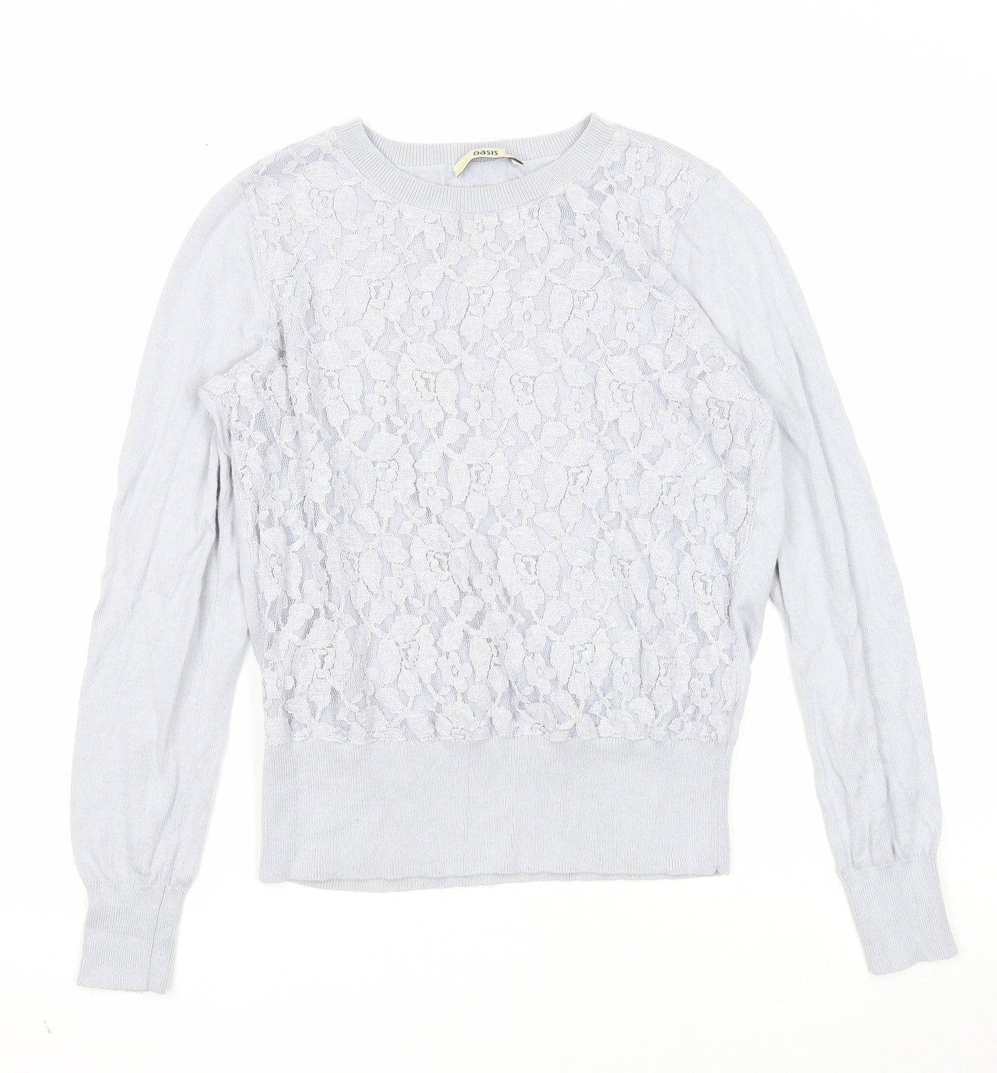 Oasis Womens Grey Round Neck Cotton Pullover Jumper Size S - Lace Detail