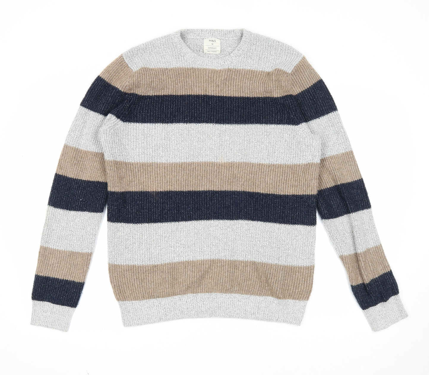 Marks and Spencer Mens Multicoloured Round Neck Striped Polyamide Pullover Jumper Size M Long Sleeve
