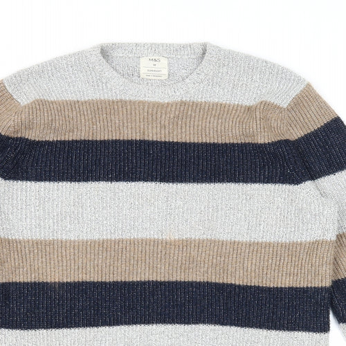 Marks and Spencer Mens Multicoloured Round Neck Striped Polyamide Pullover Jumper Size M Long Sleeve