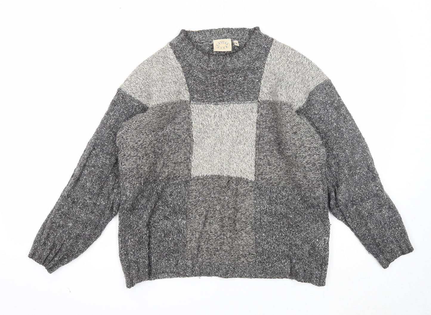 Casual Club Womens Grey Round Neck Geometric Wool Pullover Jumper Size S