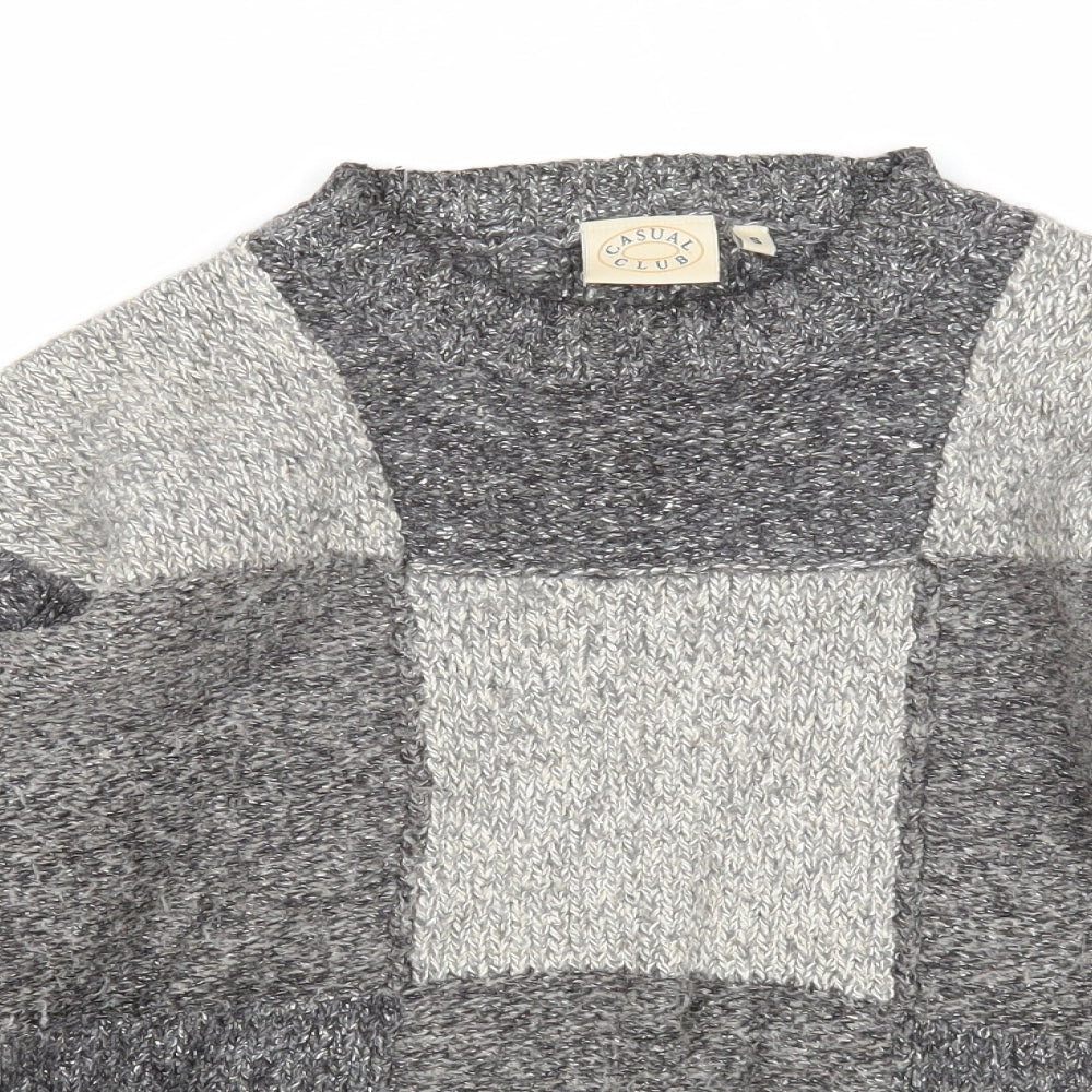 Casual Club Womens Grey Round Neck Geometric Wool Pullover Jumper Size S