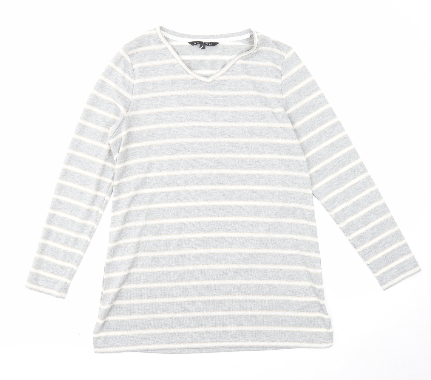 Love Leisure Womens Grey V-Neck Striped Polyester Pullover Jumper Size 14